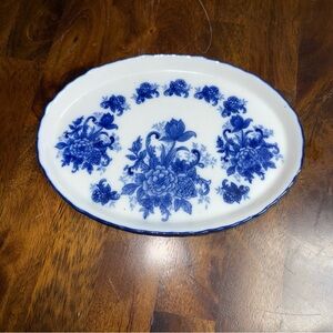 Blue Floral Oval Platter Flow Blue Vintage